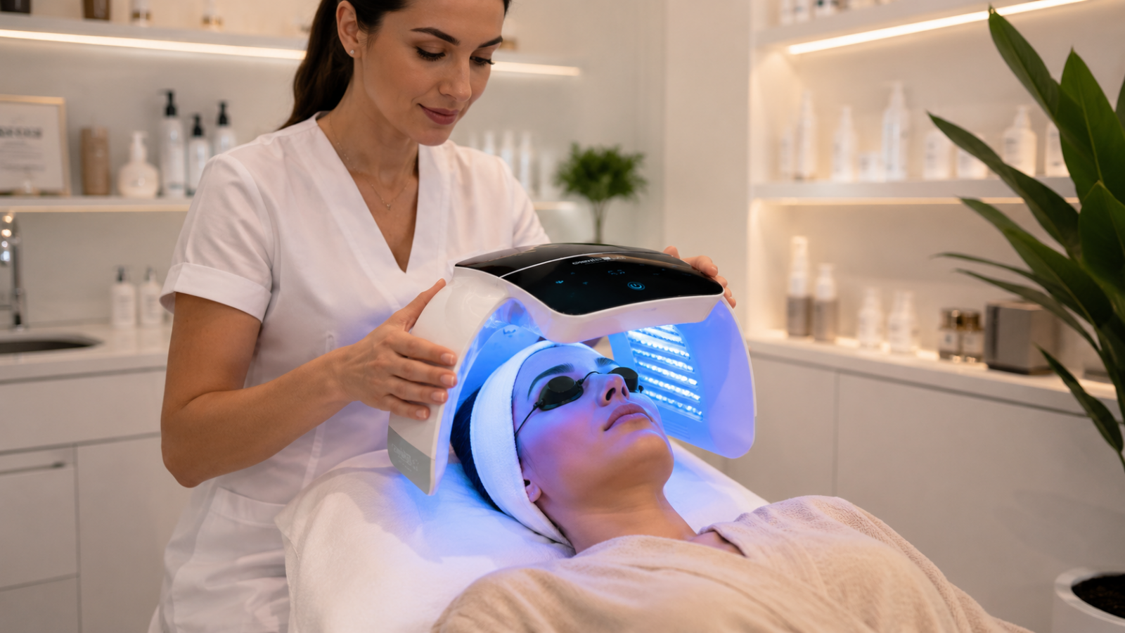 Procedură facială cu lumină LED albastră realizată cu aparatul CROMLITE MAX